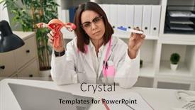  Presentation with female reproductive organ - Presentation theme having young-hispanic-doctor-woman-holding background and a light gray colored foreground