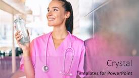  Presentation with hand sanitizer - Colorful PPT layouts enhanced with young-hispanic-doctor-woman-using backdrop and a coral colored foreground