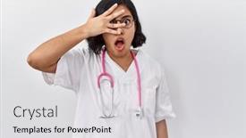  Presentation with eyes - Presentation design having young-hispanic-doctor-woman-wearing background and a  colored foreground