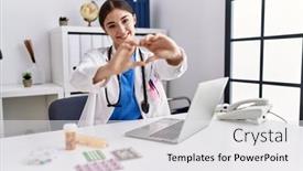  Presentation with hands heart - PPT layouts with young-hispanic-doctor-woman-wearing background and a white colored foreground