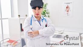  Presentation with virtual reality - Slide set with young-hispanic-doctor-woman-wearing background and a  colored foreground