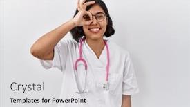  Presentation with eye doctor - PPT theme featuring young-hispanic-doctor-woman-wearing background and a light gray colored foreground