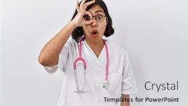  Presentation with eye doctor - PPT theme having young-hispanic-doctor-woman-wearing background and a light gray colored foreground