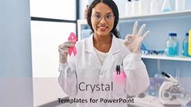  Presentation with pink ribbon - Slide deck featuring young-hispanic-doctor-woman-working background and a soft green colored foreground