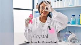  Presentation with eye doctor - PPT theme featuring young-hispanic-doctor-woman-working background and a light gray colored foreground