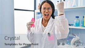  Presentation with pink ribbon - PPT theme with young-hispanic-doctor-woman-working background and a light gray colored foreground