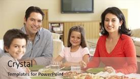  Presentation with family - Presentation design with young hispanic family enjoying meal background and a coral colored foreground