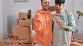  Presentation with new home - Slide set consisting of young-hispanic-gay-couple-moving background and a coral colored foreground