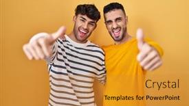 Presentation with young happy couple - PPT theme featuring young-hispanic-gay-couple-standing background and a  colored foreground