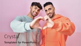  Presentation with hands heart - Slide set enhanced with young-hispanic-gay-couple-standing background and a coral colored foreground