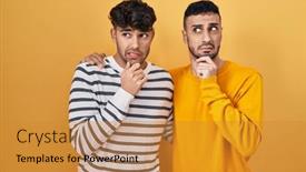  Presentation with gay - PPT theme featuring young-hispanic-gay-couple-standing background and a gold colored foreground