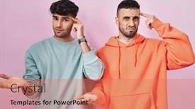  Presentation with think - Slide deck featuring young-hispanic-gay-couple-standing background and a coral colored foreground