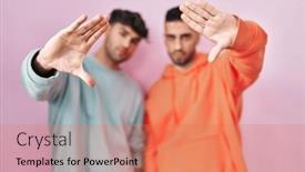  Presentation with frame pink - Presentation theme featuring young-hispanic-gay-couple-standing background and a coral colored foreground