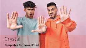  Presentation with frustration - Presentation design with young-hispanic-gay-couple-standing background and a coral colored foreground