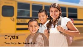  Presentation with school bus - Beautiful slide deck featuring young hispanic girl and boys backdrop and a coral colored foreground