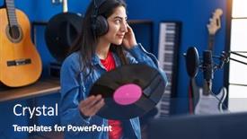  Presentation with music vinyl - Presentation design featuring young-hispanic-girl-artist-listening background and a ocean colored foreground