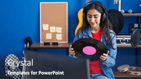  Presentation with music vinyl - Presentation theme enhanced with young-hispanic-girl-artist-listening background and a tawny brown colored foreground