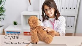  Presentation with teddy bear - Slide set featuring young-hispanic-girl-checking-teddy background and a coral colored foreground