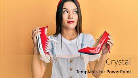  Presentation with sneakers - PPT theme having young-hispanic-girl-choosing-high background and a yellow colored foreground