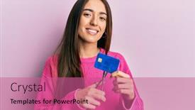  Presentation with credit card - Beautiful slide set featuring young-hispanic-girl-cutting-credit backdrop and a coral colored foreground