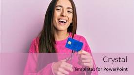  Presentation with credit card - Cool new PPT theme with young-hispanic-girl-cutting-credit backdrop and a coral colored foreground