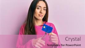 Presentation with credit card - Presentation featuring young-hispanic-girl-cutting-credit background and a coral colored foreground