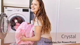  Presentation with clothes washing machine - Presentation theme featuring young-hispanic-girl-doing-laundry background and a coral colored foreground