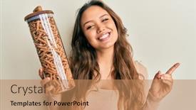  Presentation with macaroni - Cool new slide deck with young-hispanic-girl-holding-jar backdrop and a coral colored foreground