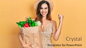  Presentation with paper bag - PPT theme enhanced with young-hispanic-girl-holding-paper background and a  colored foreground