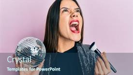  Presentation with disco ball - Beautiful PPT theme featuring young-hispanic-girl-holding-shiny backdrop and a ocean colored foreground