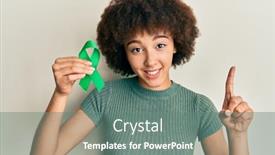  Presentation with ribbon green - Amazing theme having young-hispanic-girl-holding-support backdrop and a gray colored foreground