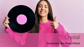  Presentation with vinyl - PPT theme having young-hispanic-girl-holding-vinyl background and a coral colored foreground