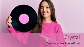  Presentation with vinyl - PPT theme with young-hispanic-girl-holding-vinyl background and a coral colored foreground