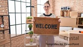  Presentation with welcome - PPT layouts having young-hispanic-girl-holding-welcome background and a coral colored foreground