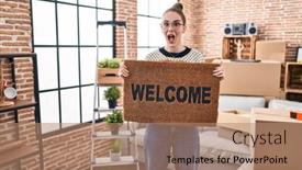  Presentation with welcome - Presentation enhanced with young-hispanic-girl-holding-welcome background and a coral colored foreground