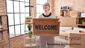  Presentation with welcome - Presentation featuring young-hispanic-girl-holding-welcome background and a coral colored foreground