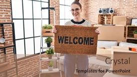  Presentation with welcome - Slide deck featuring young-hispanic-girl-holding-welcome background and a coral colored foreground