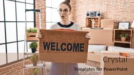  Presentation with welcome - Presentation design enhanced with young-hispanic-girl-holding-welcome background and a coral colored foreground