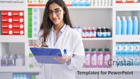  Presentation with writing - Presentation theme consisting of young-hispanic-girl-pharmacist-writing background and a light blue colored foreground