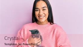  Presentation with pink cat - PPT theme consisting of young-hispanic-girl-smiling-happy background and a coral colored foreground