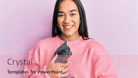  Presentation with pink cat - PPT theme featuring young-hispanic-girl-smiling-happy background and a coral colored foreground