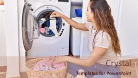  Presentation with clothes washing machine - Presentation having young-hispanic-girl-smiling-happy background and a coral colored foreground