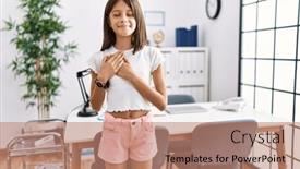  Presentation with pediatrician - PPT theme consisting of young-hispanic-girl-standing background and a coral colored foreground