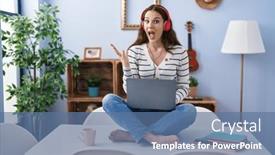  Presentation with laptop - PPT theme having young-hispanic-girl-using-laptop background and a ocean colored foreground