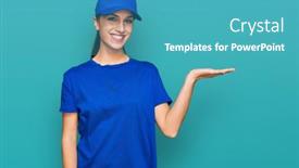 Presentation with courier delivery - Audience pleasing PPT theme consisting of young-hispanic-girl-wearing-delivery backdrop and a teal colored foreground