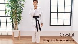  Presentation with black girl - PPT theme enhanced with young-hispanic-girl-wearing-karate background and a coral colored foreground