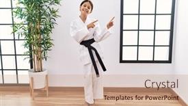  Presentation with kimono - Presentation design enhanced with young-hispanic-girl-wearing-karate background and a coral colored foreground