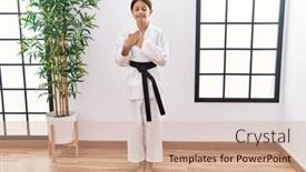  Presentation with kimono - Theme consisting of young-hispanic-girl-wearing-karate background and a coral colored foreground