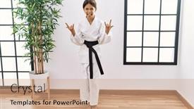  Presentation with kimono - Slides enhanced with young-hispanic-girl-wearing-karate background and a coral colored foreground