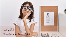  Presentation with optometry - PPT theme enhanced with young-hispanic-girl-wearing-optometry background and a coral colored foreground